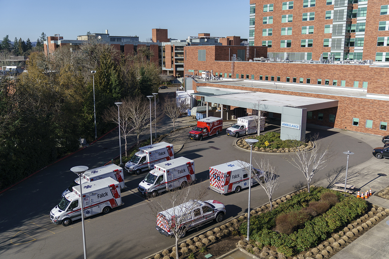 Hospital exterior where eight emergency vehicles wait
