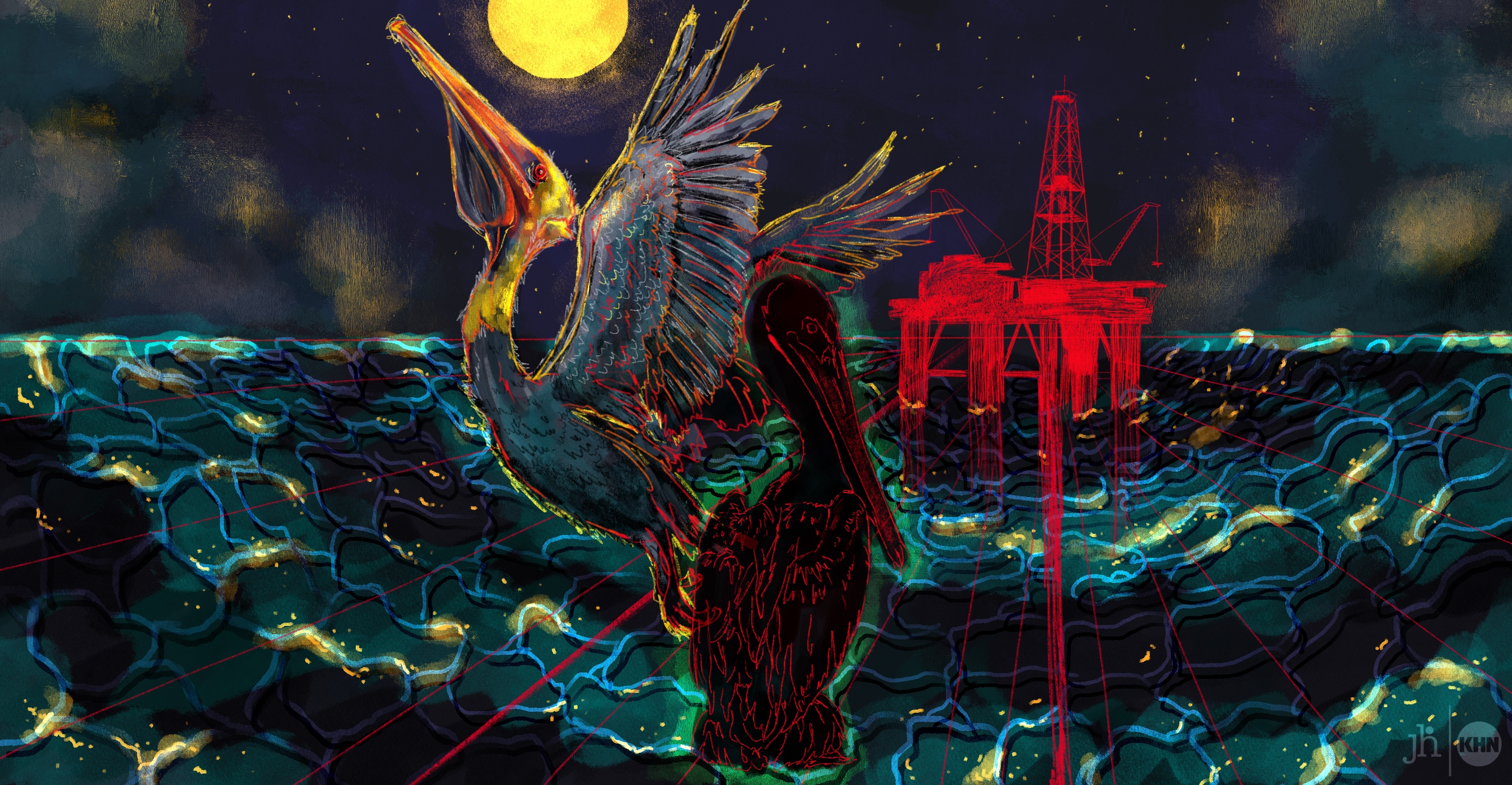 A digital illustration in watercolor and pencil. It is a nighttime scene. The artwork shows an off-shore oil rig, drawn in bright red pencil, out at sea. The water is dark black with hints of reflection from a full moon overhead. In the center of the image there are two Louisiana brown pelicans. One is taking flight, highlighted by the gold light of the moon. The other bird, which has its wings tightly closed, appears somewhat ghostly, drawn in red pencil over a black silhouette.  