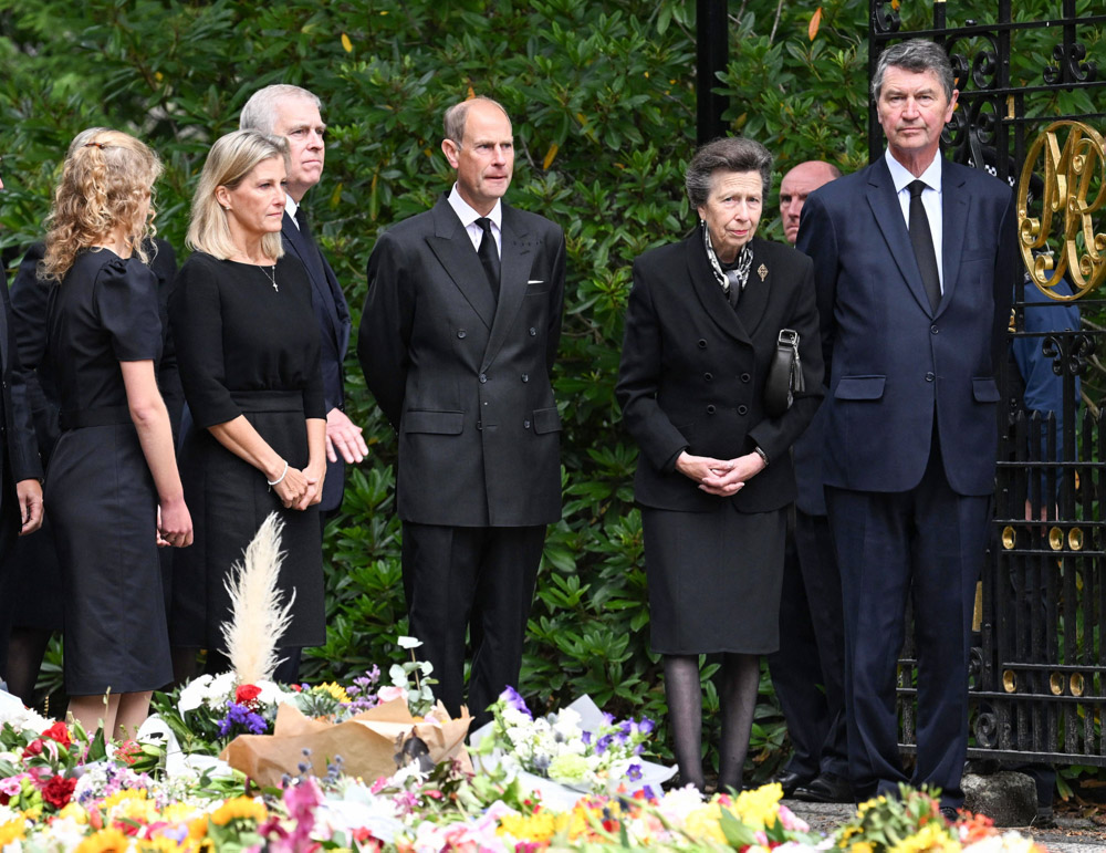 Members of the Royal family walk back from Crathie Kirk and examine floral tributes at the gates of Balmoral following the death of Queen Elizabeth II in Balmoral, Scotland, Britain, September 10, 2022. Lady Louise Windsor, Sophie, Countess of Wessex, Prince Andrew, Duke of York, Edward, Earl of Wessex, Princess Anne, Princess Royal and Vice Admiral Timothy Laurence . 10 Sep 2022 Pictured: Members of the Royal family walk back from Crathie Kirk and examine floral tributes at the gates of Balmoral following the death of Queen Elizabeth II in Balmoral, Scotland, Britain, September 10, 2022. Lady Louise Windsor, Sophie, Countess of Wessex, Prince Andrew, Duke of York, Edward, Earl of Wessex, Princess Anne, Princess Royal and Vice Admiral Timothy Laurence . Photo credit: Mirrorpix / MEGA TheMegaAgency.com +1 888 505 6342 (Mega Agency TagID: MEGA894264_026.jpg) [Photo via Mega Agency]