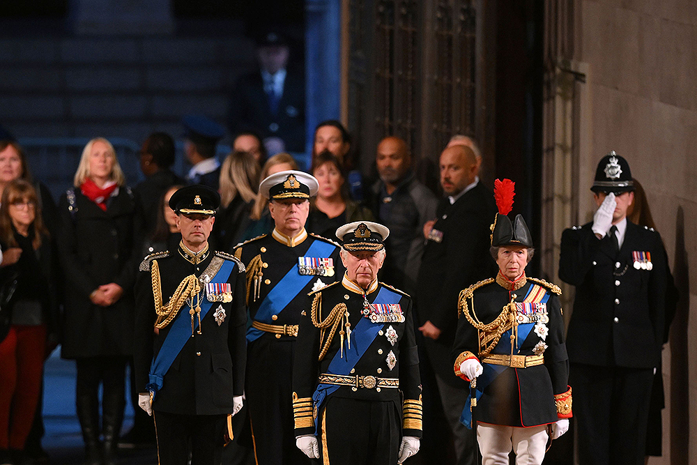 Britain's King Charles III, Britain's Princess Anne, Britain's Prince Andrew and Prince Edward attend a vigil for Queen Elizabeth II, as she lies in state on the catafalque in Westminster Hall, at the Palace of Westminster, London
Royals, London, United Kingdom - 16 Sep 2022