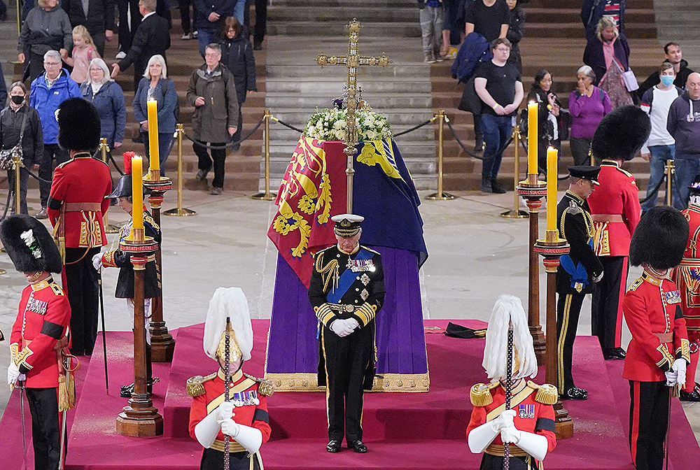 28 Days UK OutMandatory Credit: Photo by Yui Mok/WPA Pool/Shutterstock (13395924k)King Charles III, Princess Anne, Prince Andrew and the Prince Edward hold a vigil beside the coffin of their mother, Queen Elizabeth II, as it lies in state on the catafalque in Westminster Hall, at the Palace of Westminster, LondonVigil following death of Queen Elizabeth II, Westminster Hall, London, UK - 16 Sep 2022