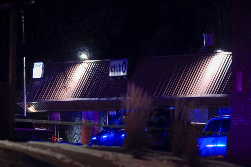 A general view of Club Q as police respond to a mass shooting there on November 20, 2022.