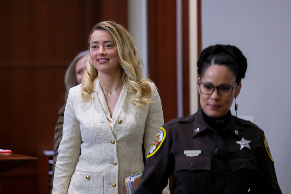 Actress Amber Heard arrives in the courtroom at the Fairfax County Circuit Court in Fairfax, Va.,. Actor Johnny Depp sued his ex-wife Amber Heard for libel in Fairfax County Circuit Court after she wrote an op-ed piece in The Washington Post in 2018 referring to herself as a 