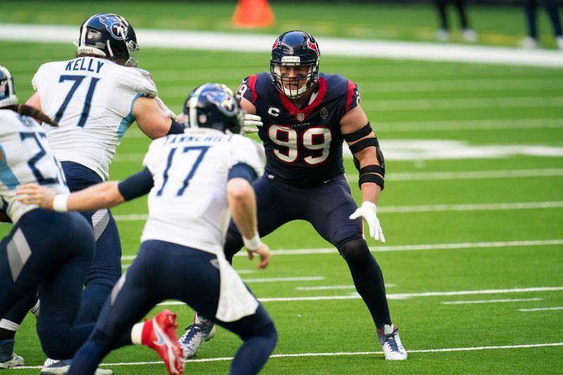 J.J. Watt (No. 99) of the Houston Texans plays the field against the Tennessee Titans last year in Houston.