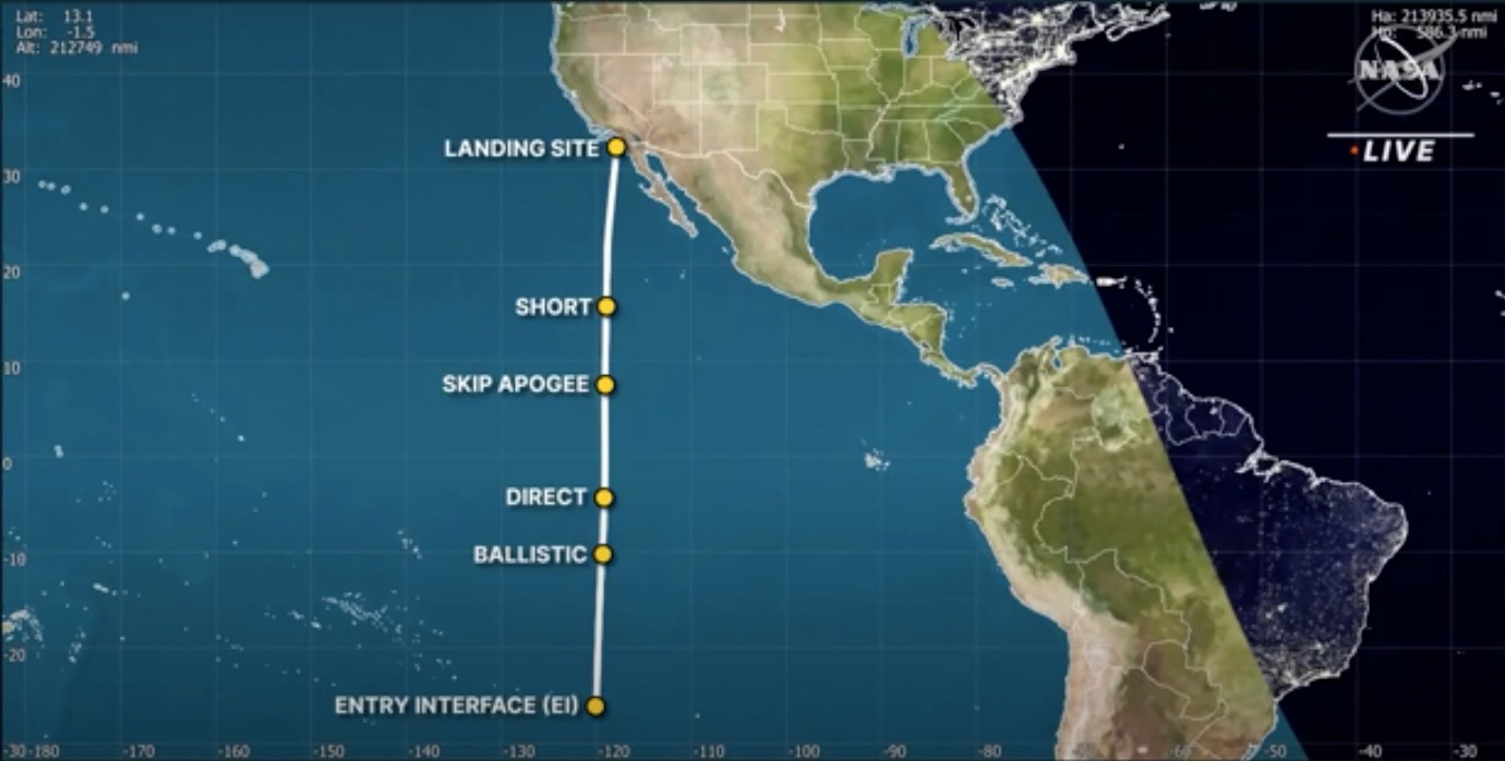 The reentry path for NASA's Artemis 1 Orion capsule for its return to Earth on Dec. 11, 2022.